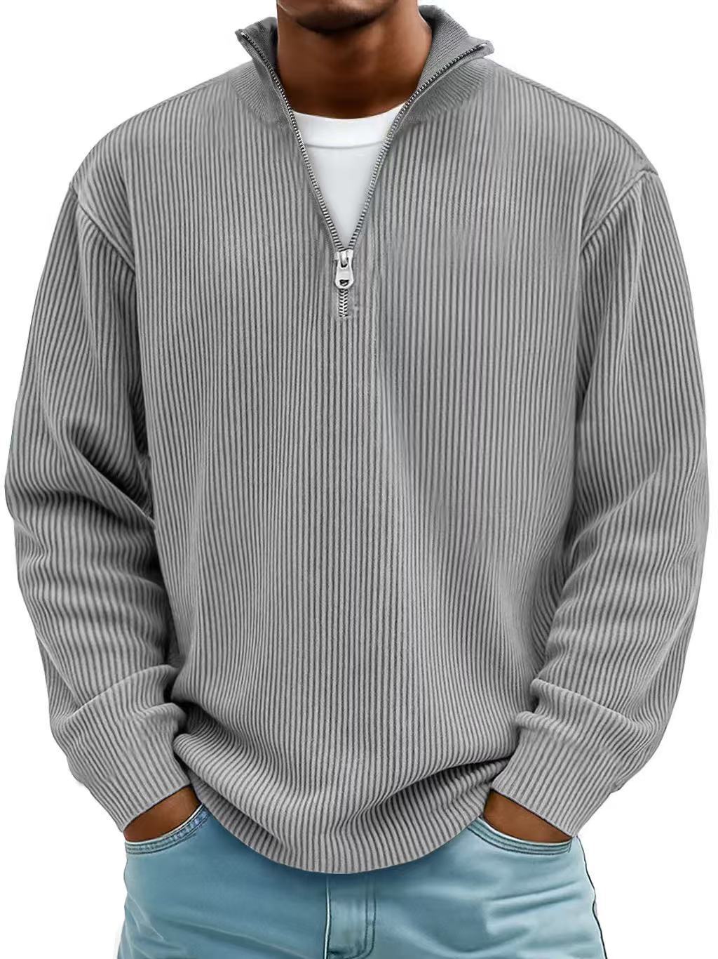 Corduroy Zipper Stand Collar Sweatshirt Fashion Warm Solid Color Long Sleeve Top Men's Casual Polo Shirt Clothing - Image 3