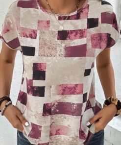 Alternative view of Women's Chic Geometric Aztec Print T-Shirt - Casual Crew Neck, Durable Non-Stretch Fabric, Ideal For Summer Wear