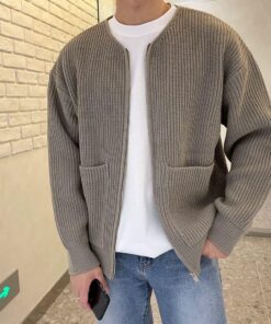 Alternative view of Men Zip Up Knitted Cardigan Lined Funnel Neck Jumper Sweater Pockets Coat All Seasons Comfortable Soft Long Sleeve