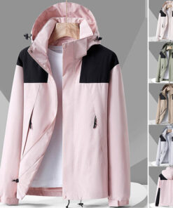 Hooded Windbreaker Unisex Fashion Colorblock Zip-up Jacket With Pockets Waterproof Outwear For Women Men Clothing