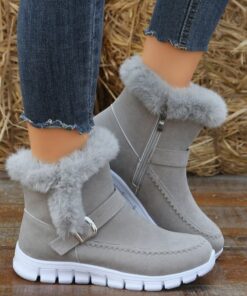 New Snow Boots Winter Warm Thickened Solid Color Plush Ankle Boots With Buckle Design Plus Velvet Flat Shoes For Women