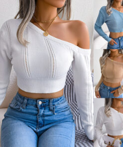 Bare Shoulders Knitted Sweater Women Long Sleeve Short Pullover Clothes