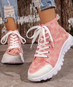 Rose-printed Lace-up Boots Fashion Breathable Canvas Shoes Sports Casual Non-slip Thick-soled Short Boot For Women