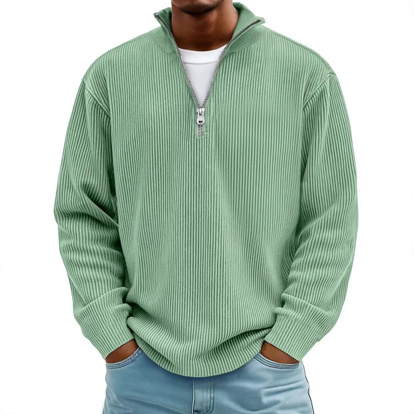 Corduroy Zipper Stand Collar Sweatshirt Fashion Warm Solid Color Long Sleeve Top Men's Casual Polo Shirt Clothing - Image 5